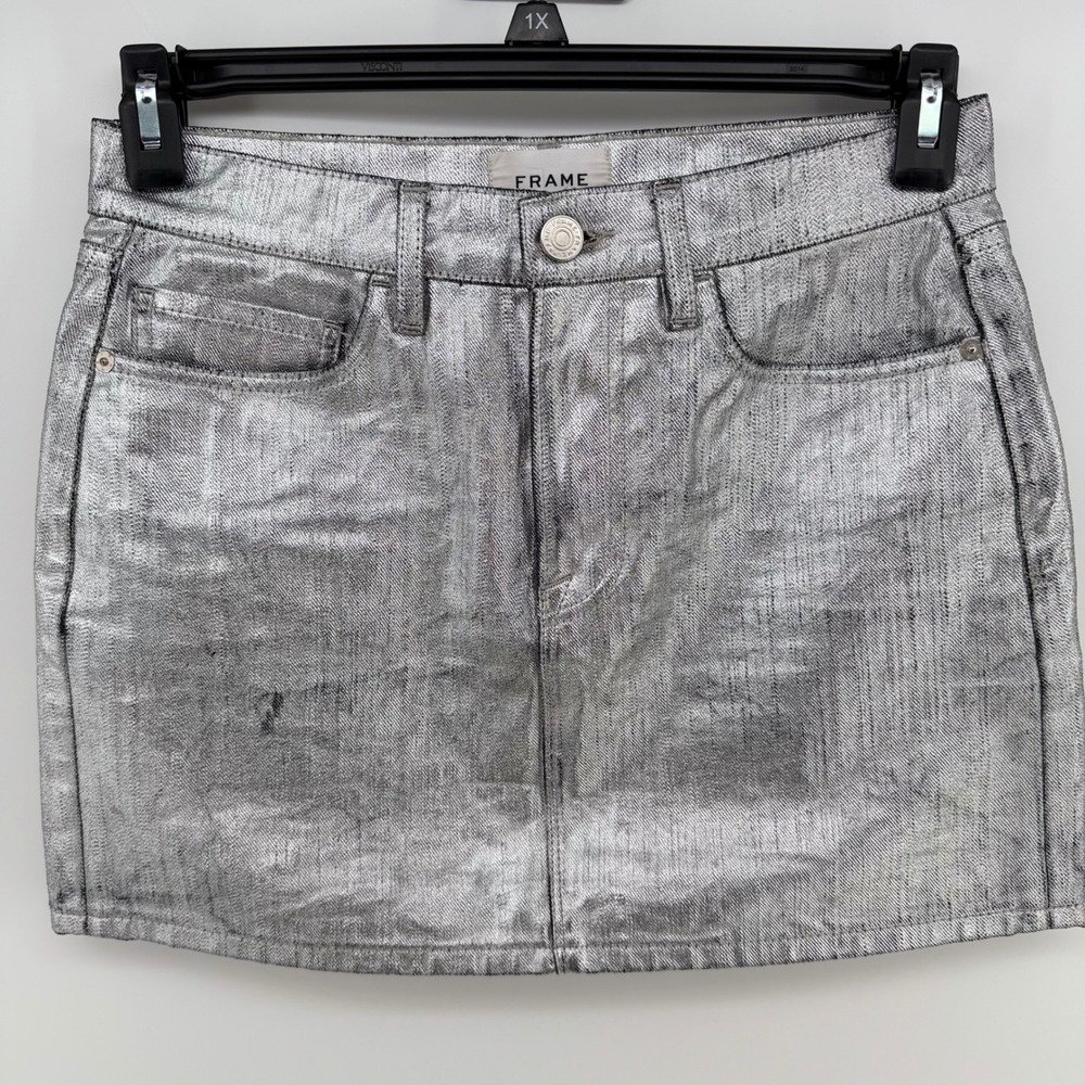 FRAME Le Mini Skirt 26 Silver Chrome Metallic Coated Denim Party Festival MINT